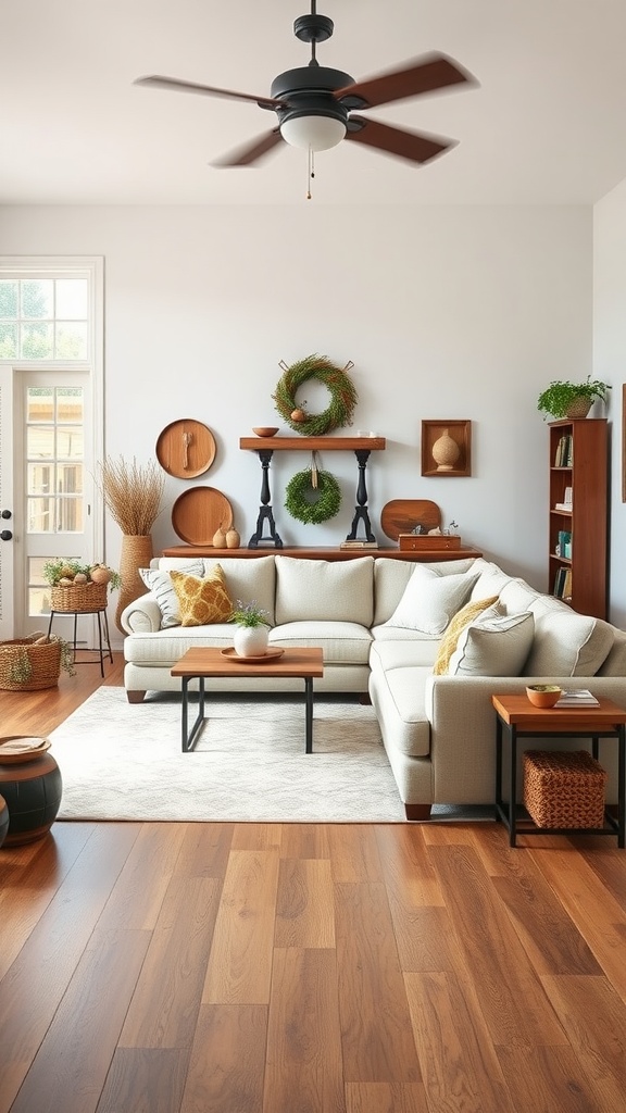 A cozy farmhouse-style living room featuring a comfortable sectional sofa with decorative pillows, a wooden coffee table, and natural decor accents.