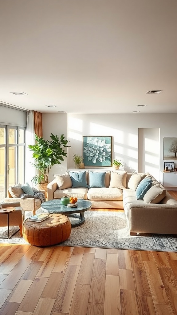 Cozy living room featuring a sectional sofa, round coffee table, and potted plant.