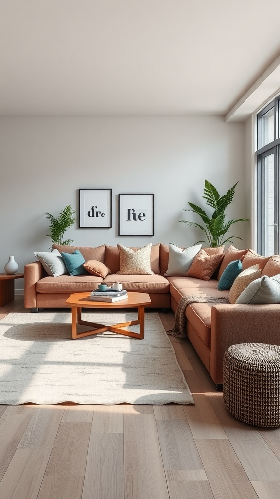 A cozy living room featuring a comfortable sectional sofa with cushions, a coffee table, plants, and artwork on the walls.