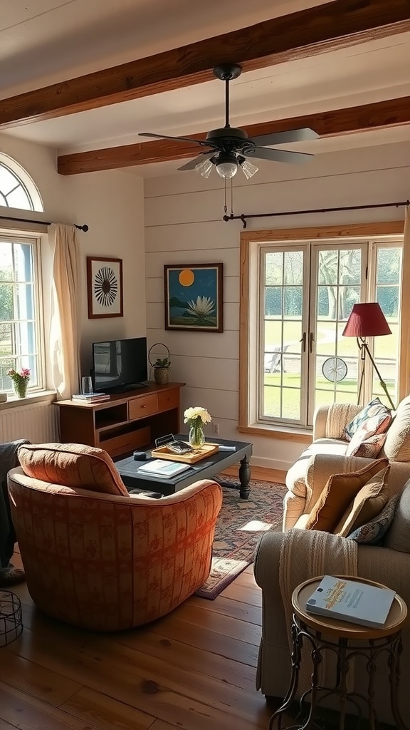 A cozy living room with a comfortable sofa arrangement, showcasing natural light and inviting decor.