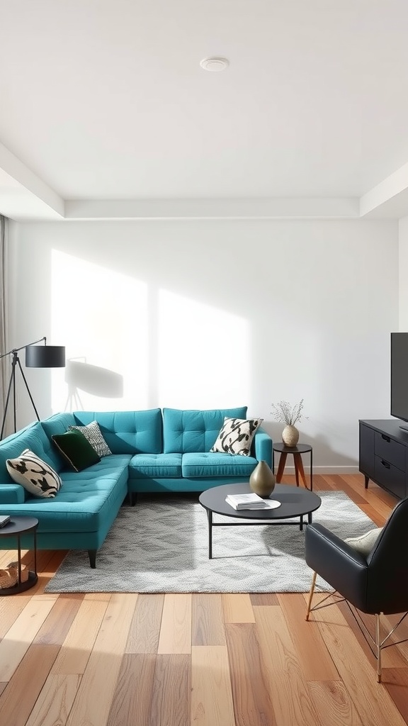 Teal sectional sofa in a modern living room with wooden flooring and contrasting black accents.