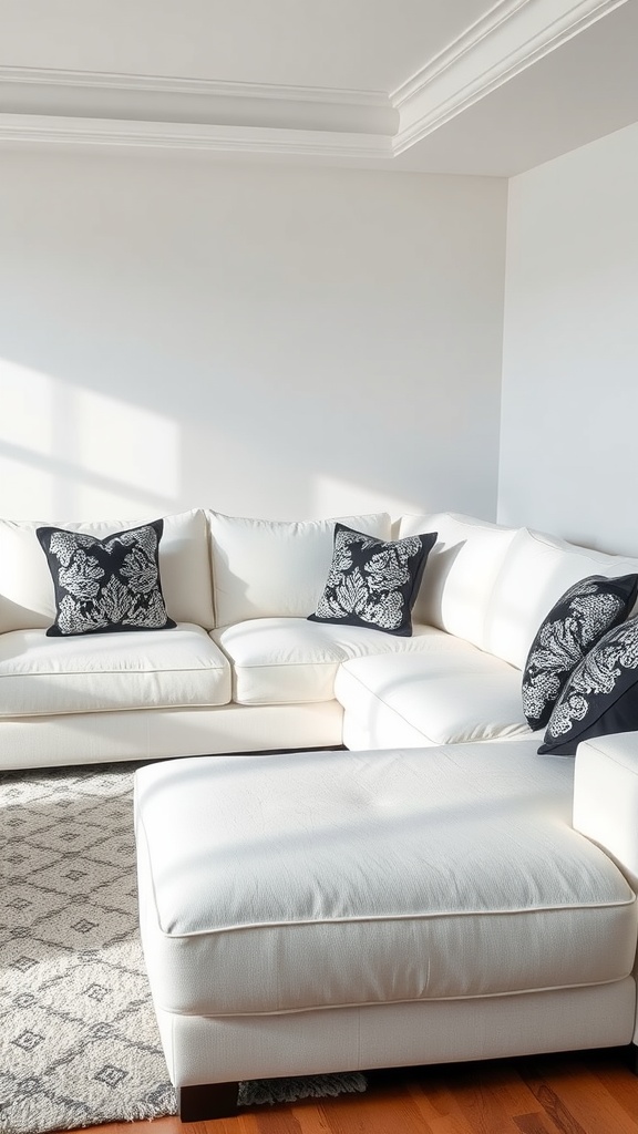 A white sectional sofa with black decorative pillows in a bright living room.