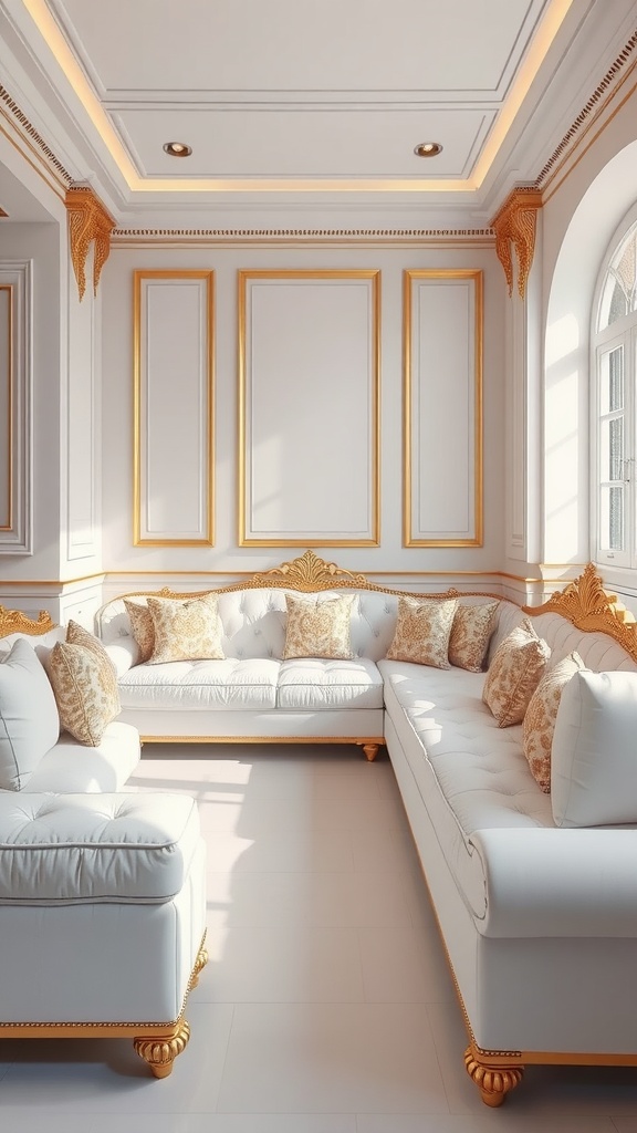 A cozy white sectional sofa with gold details and decorative pillows in a bright room.