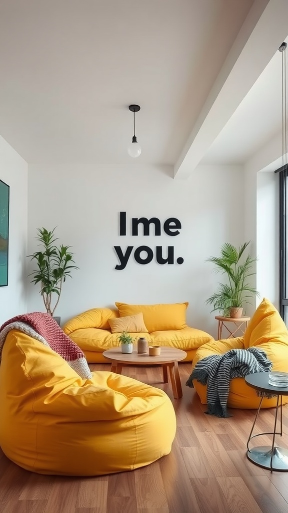 A cozy living room with yellow bean bags and a wooden coffee table