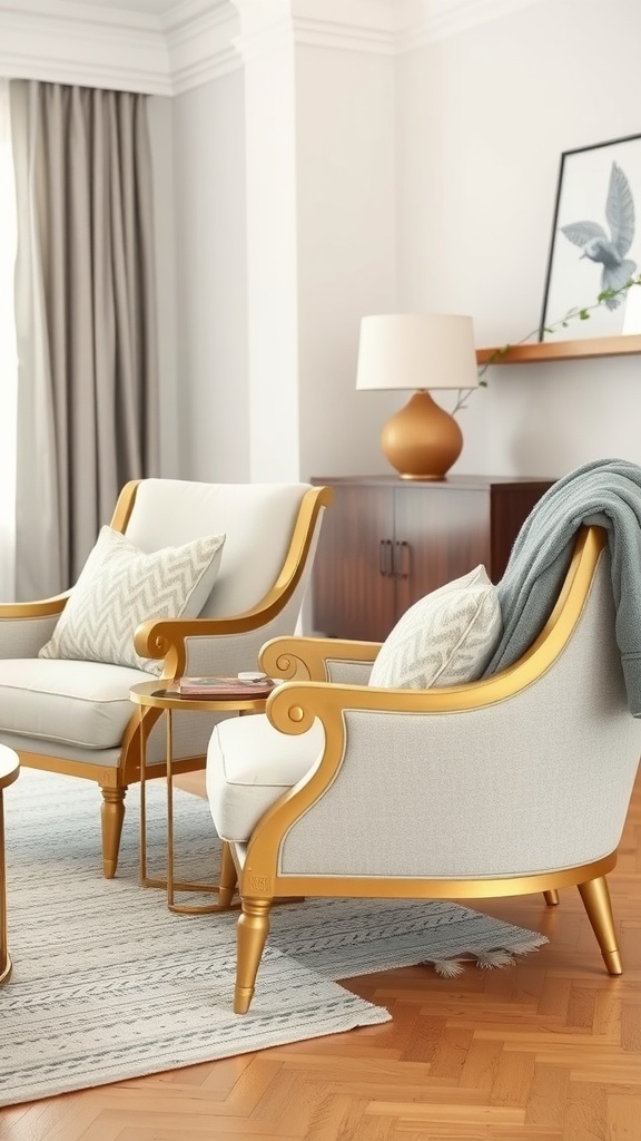 A cozy living room with gold accent chairs and grey throws.