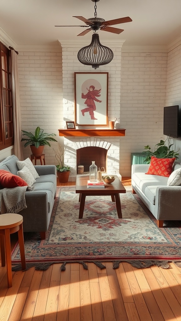 A cozy living room with layered rugs and comfortable sofas