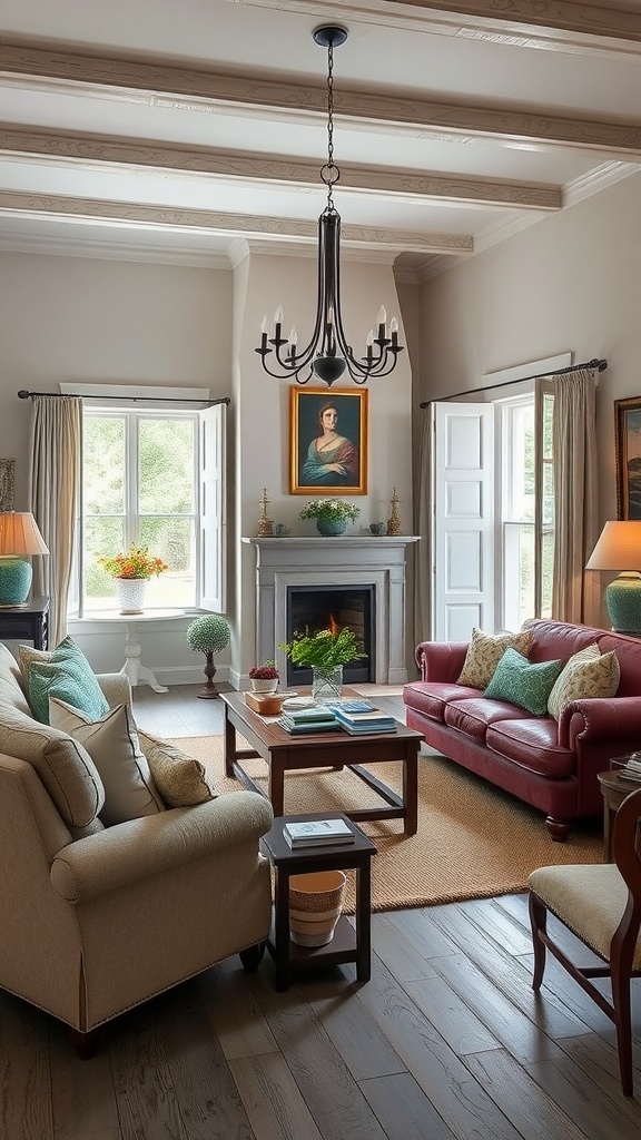 Cozy French country living room with beige and red couches, wooden beams, and a fireplace.