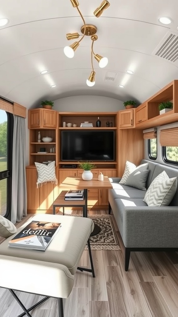 A stylish and compact trailer living room featuring efficient storage solutions, a cozy sofa, and multi-functional furniture.