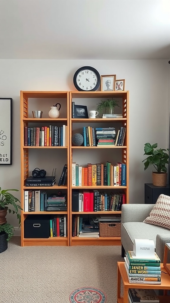 A compact wooden bookshelf filled with books, plants, and decorative items in a cozy living room.