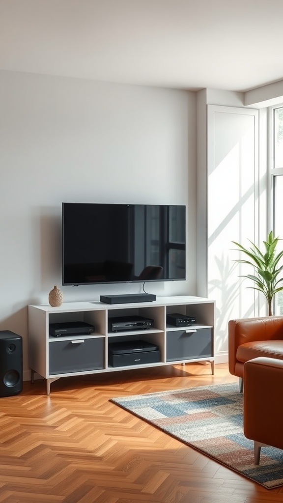 Compact media center with a TV and media console in a living room corner