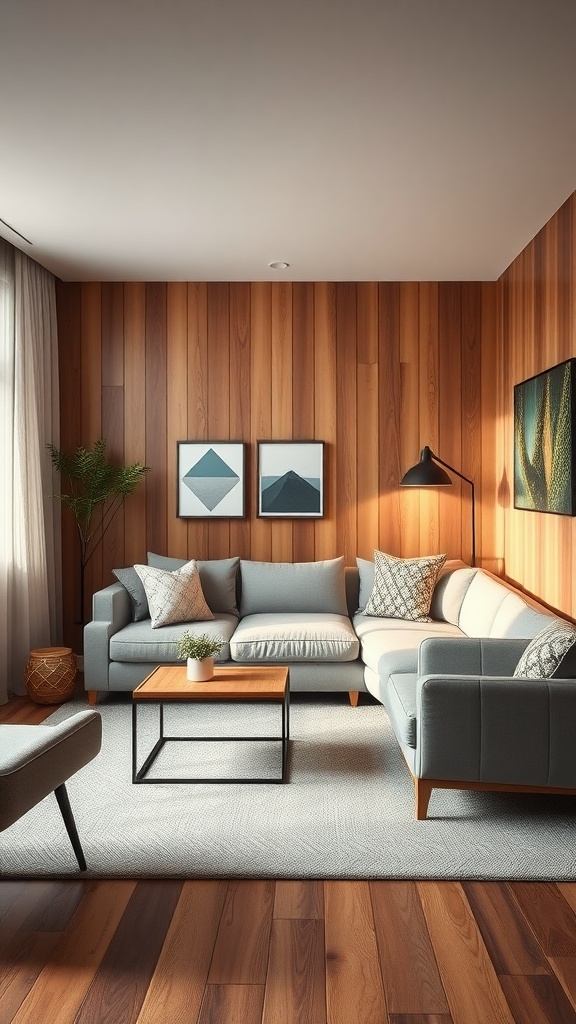 A compact sectional sofa in a small living room with wooden accents and a cozy setup.