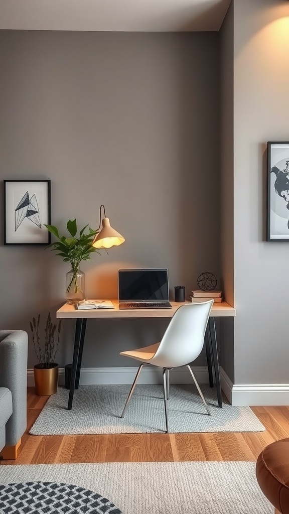 A compact workstation in a small living room with a desk, chair, and decorative elements.