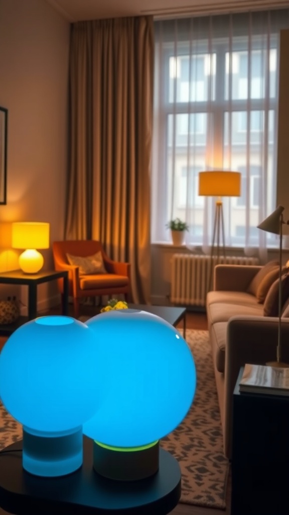 A cozy living room featuring blue and yellow lighting with modern lamps and soft furnishings.