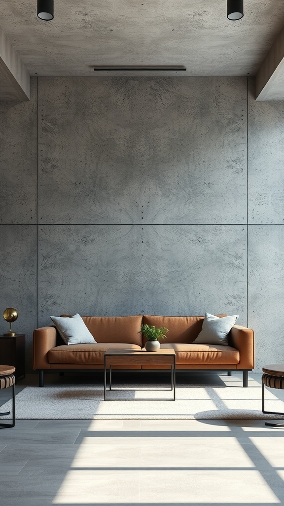 A living room featuring a concrete textured accent wall, a brown leather sofa, and modern decor.