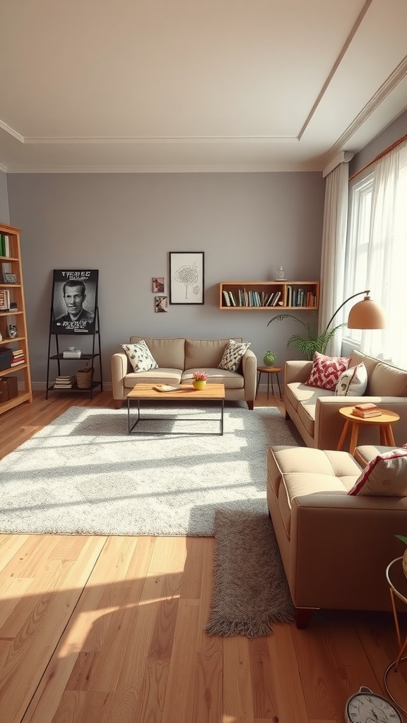 A cozy living room with two facing sofas, a coffee table, and a bookshelf, showcasing a confusing layout.