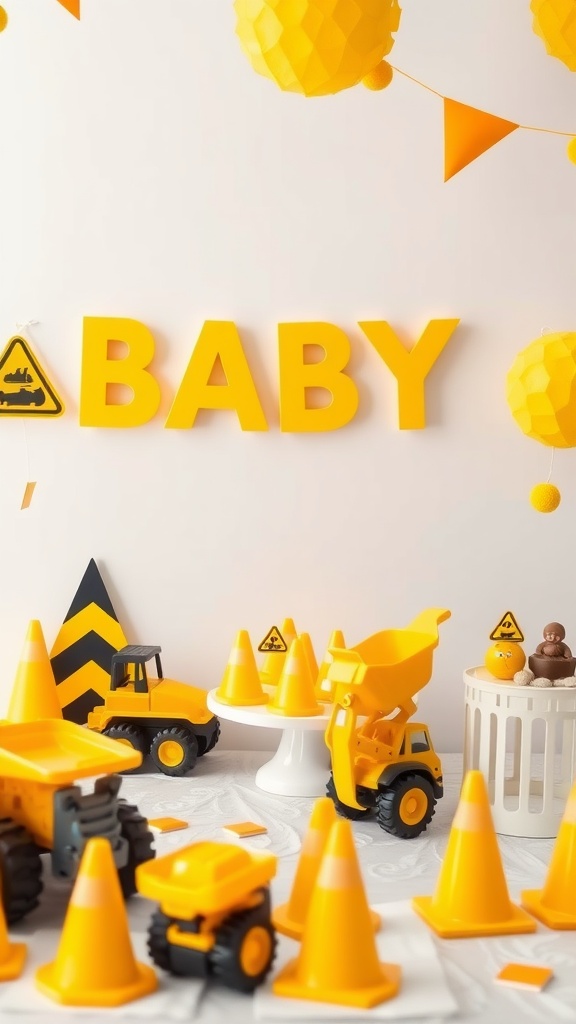 A vibrant construction zone themed baby shower setup featuring yellow and black decor, toy trucks, cones, and balloons.