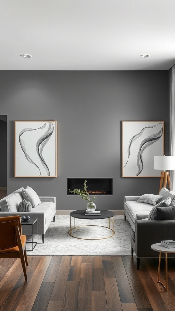 A modern living room featuring grey walls, abstract art, and stylish furniture.