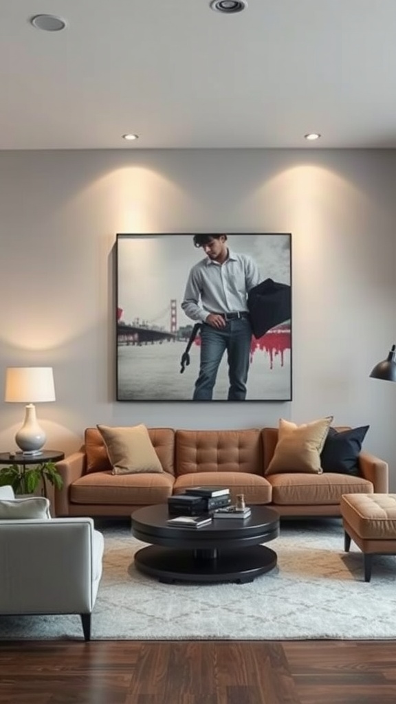 A modern living room featuring a contemporary art piece on the wall, brown sofa with cushions, and a round coffee table.