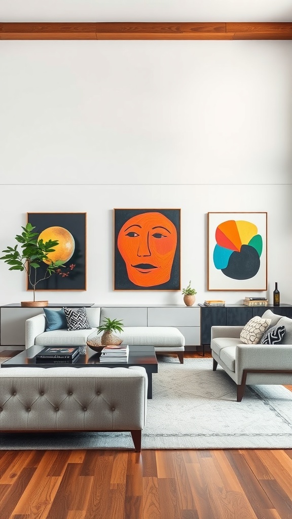 A contemporary living room featuring three vibrant artworks on a white wall, with stylish furniture and greenery.