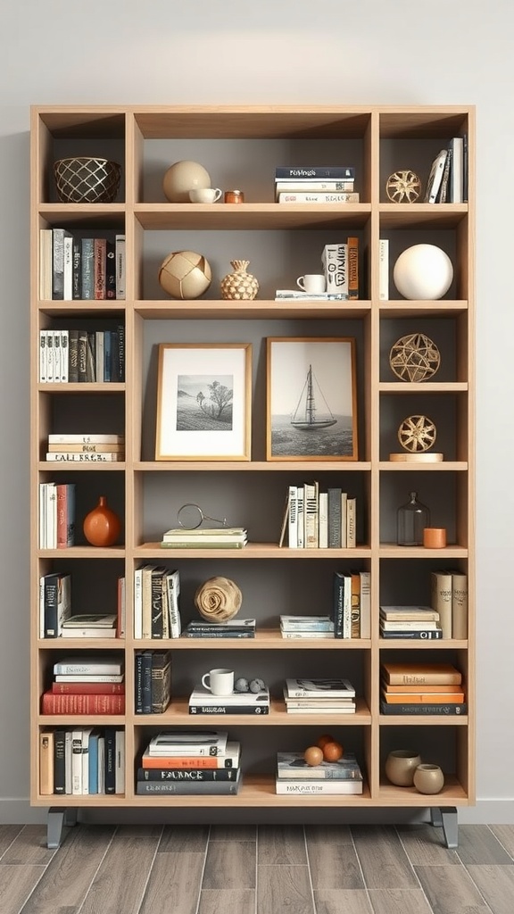 Contemporary beige and grey bookcase filled with books and decorative items