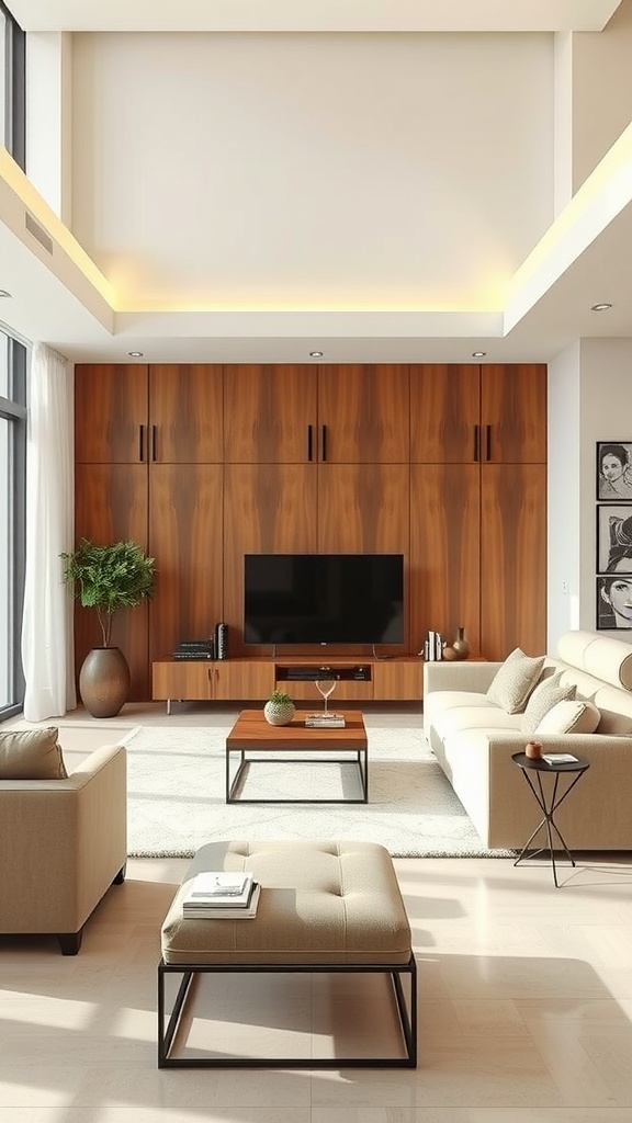 A contemporary beige living room featuring a wooden accent wall, large windows, and minimalist furniture.