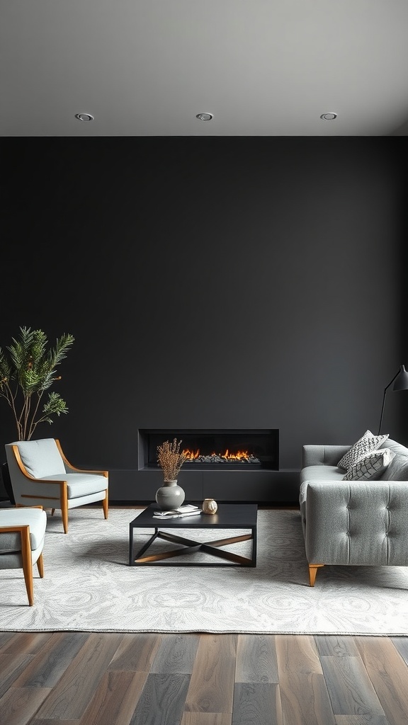 A modern living room featuring a black accent wall, gray furniture, and a cozy fireplace.