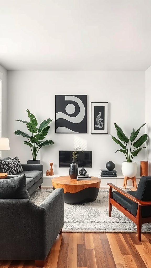 A contemporary living room featuring a mix of black and wood decor, including a unique coffee table, black sofa, and elegant plants.