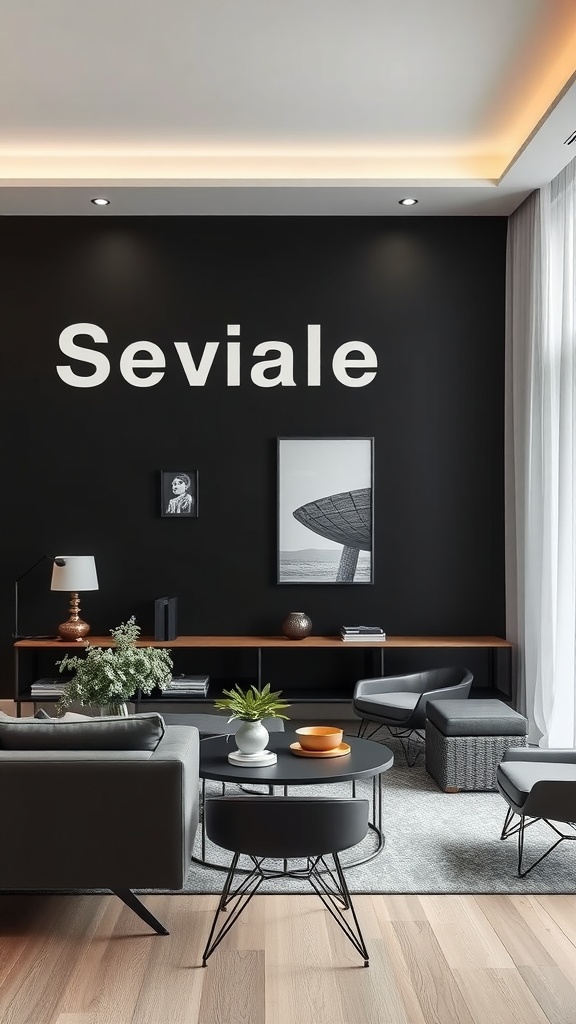 A contemporary living room featuring a black accent wall with white text and framed artwork, complemented by modern furniture.