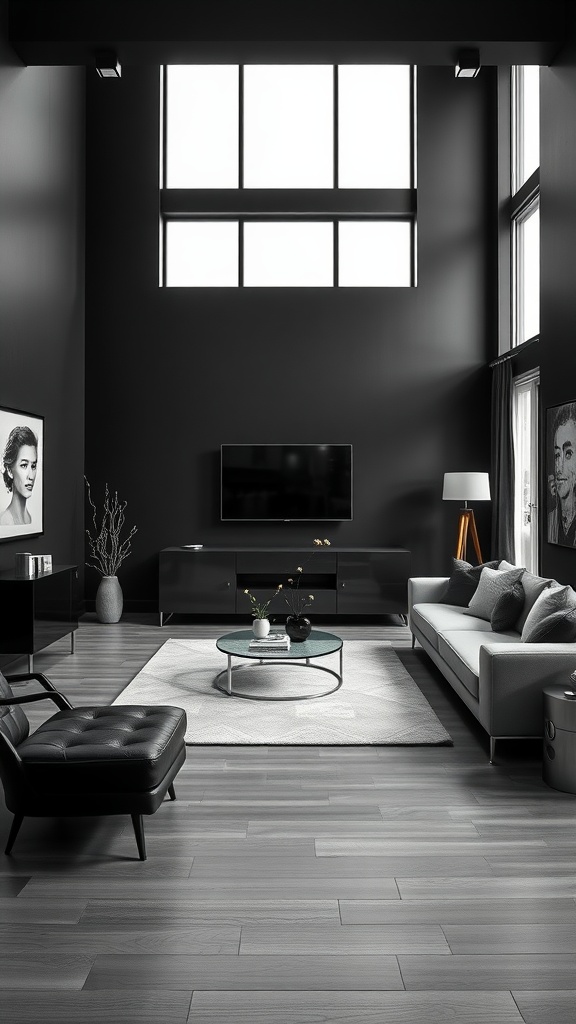 A contemporary black living room with large windows, black walls, and stylish furniture.