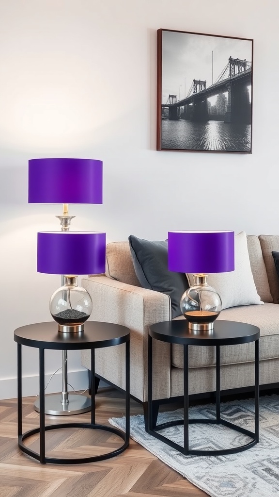 Two contemporary black side tables with purple lamps in a modern living room setting