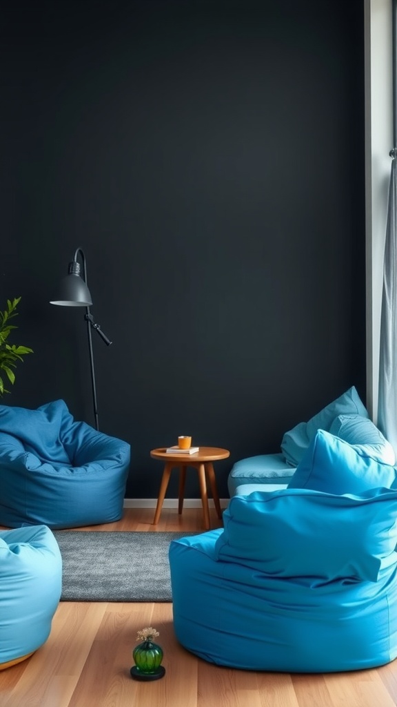 Cozy living room with contemporary blue bean bags, a wooden table, and a floor lamp against a dark wall.