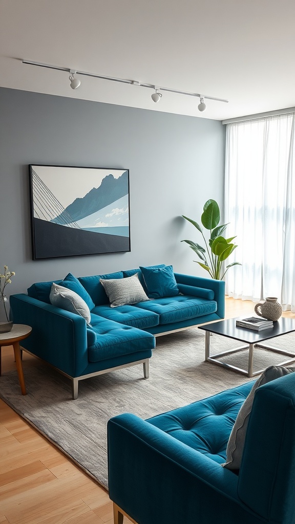 A contemporary living room featuring a blue couch with plush cushions, a minimalist coffee table, and natural lighting.