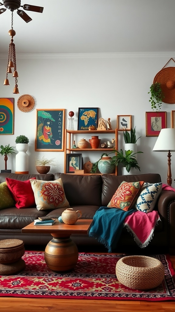 A contemporary bohemian living room featuring a dark brown sofa with colorful pillows, a wooden coffee table, woven baskets, and vibrant wall art.