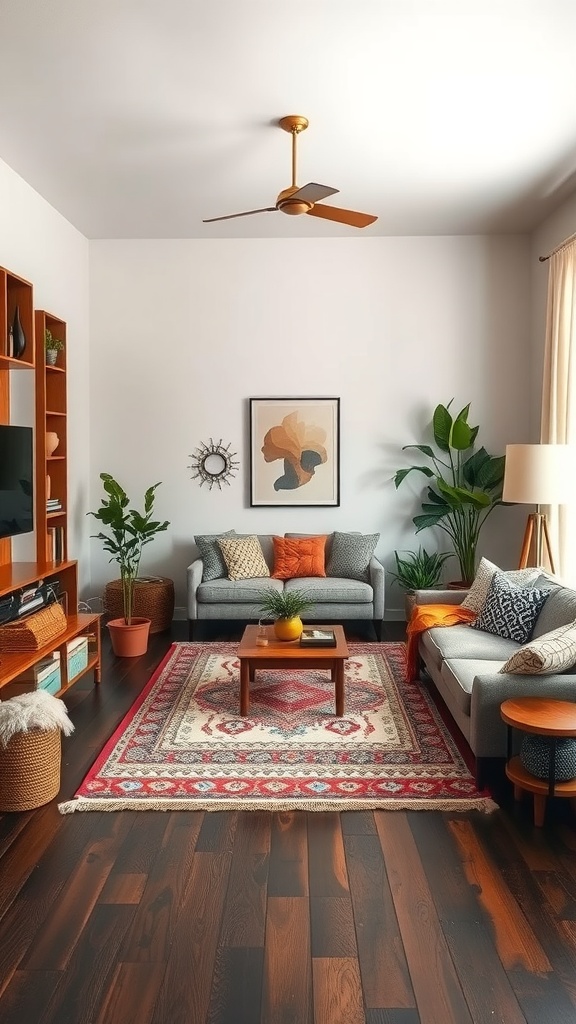 Contemporary bohemian living room with dark wood flooring, featuring gray sofas, colorful pillows, a decorative rug, and plants.