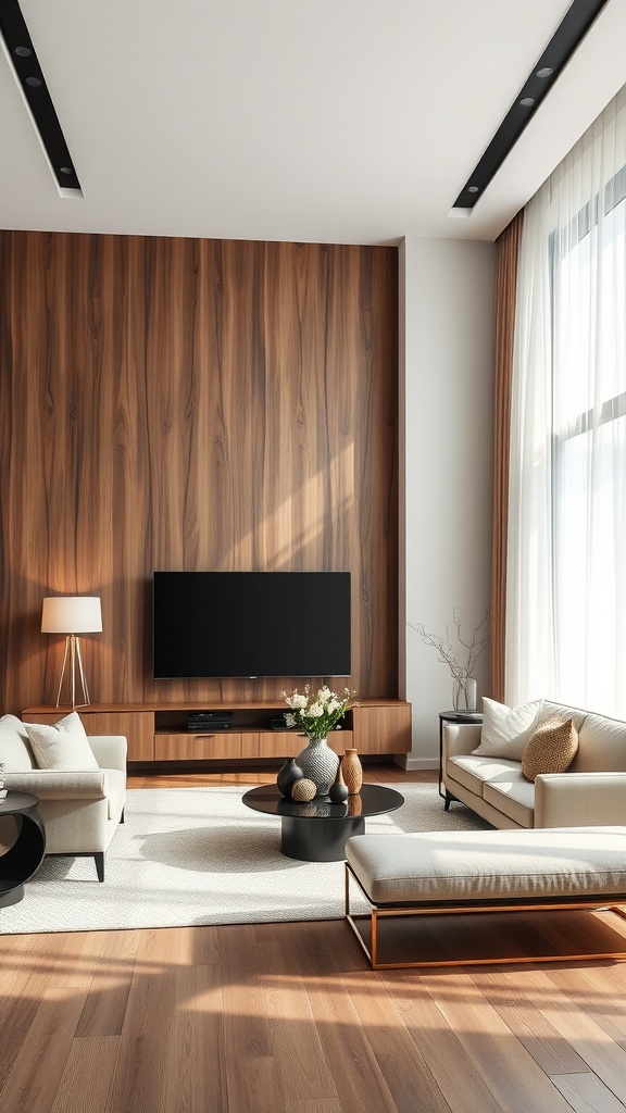 Modern living room featuring a brown wooden wall and light-colored furniture, showcasing a contemporary design.