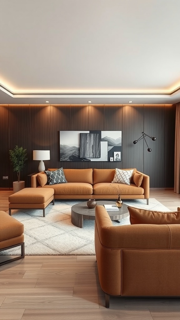 Contemporary living room with a brown couch and modern decor