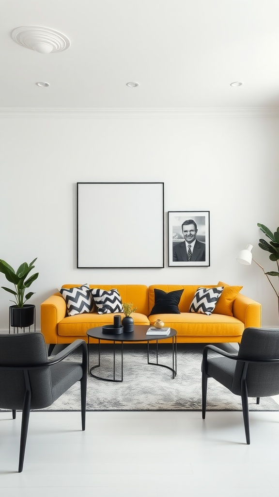 A contemporary living room featuring a mustard yellow sofa with monochrome accents and stylish decor.