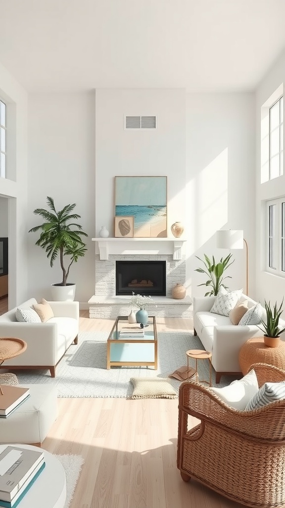 Contemporary coastal living room with white sofas, a glass coffee table, and green plants