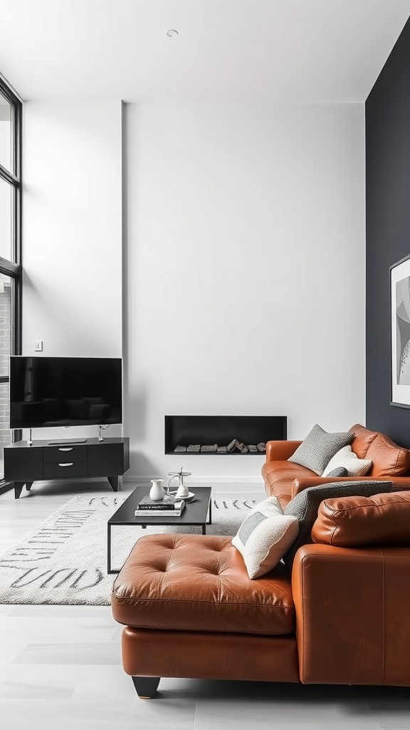 A contemporary living room featuring a brown leather sectional sofa, black media console, and neutral walls, with large windows allowing natural light.