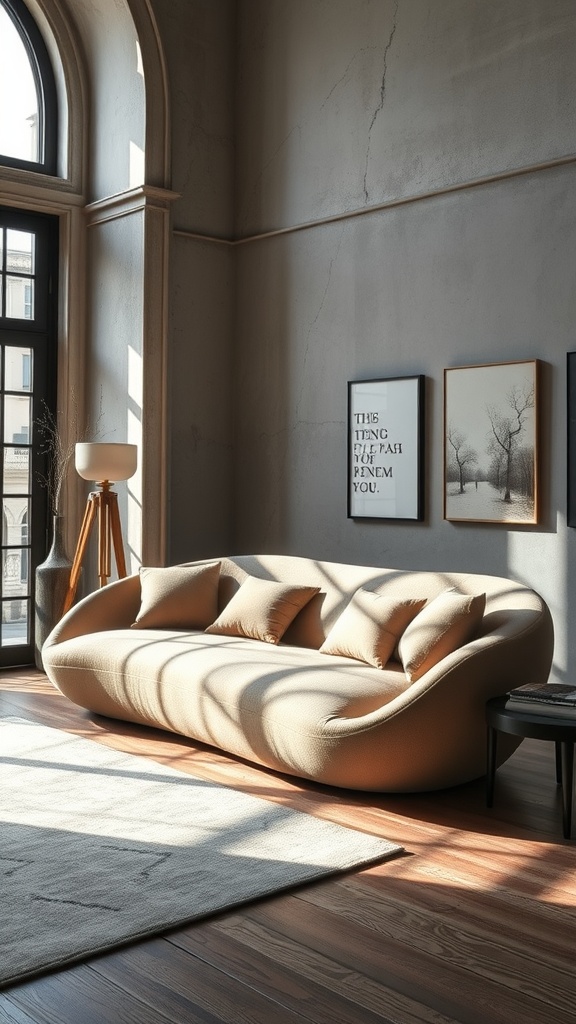 A contemporary sculptural couch with soft curves and cushions in a stylish living room