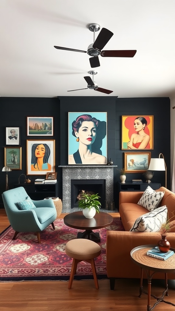 A contemporary eclectic living room featuring a black shiplap wall with colorful artwork, an orange sofa, and a blue accent chair.