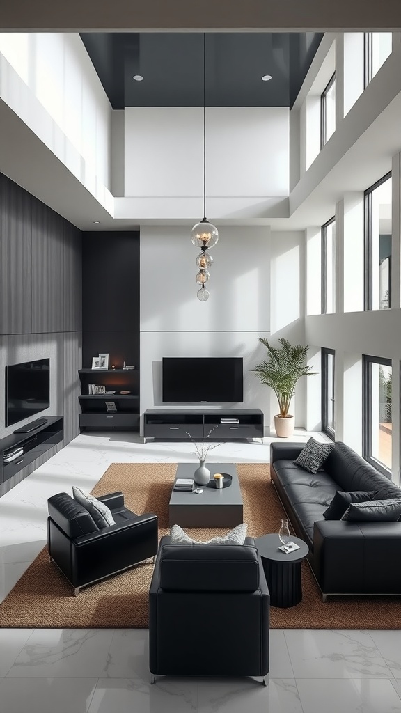 Modern sunken living room with black furniture, large windows, and stylish decor.