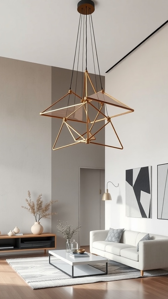 A contemporary geometric chandelier hanging in a modern living room with neutral colors and minimalist decor.