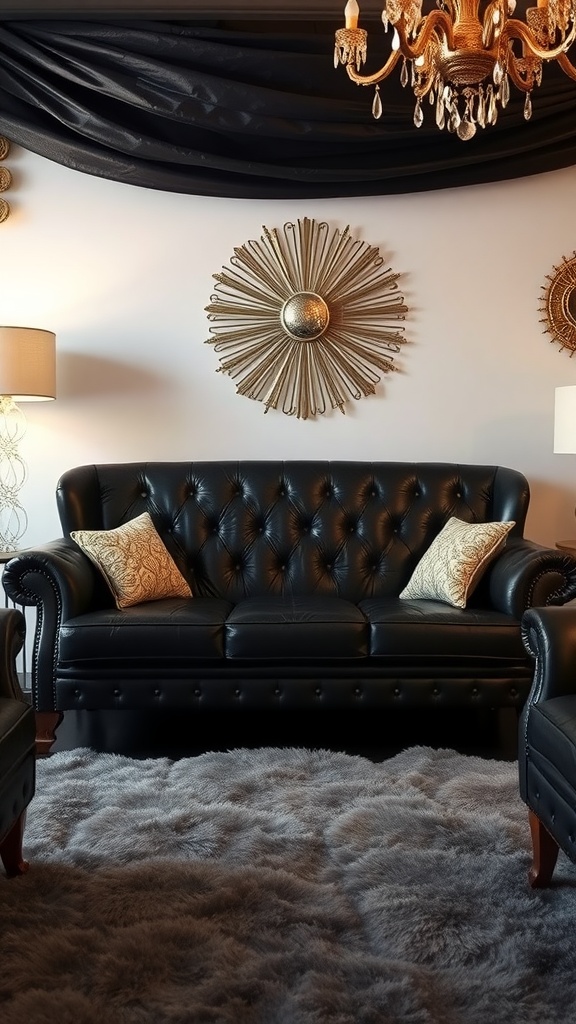 A contemporary styled living room featuring a black leather couch, elegant chandelier, and decorative accents.