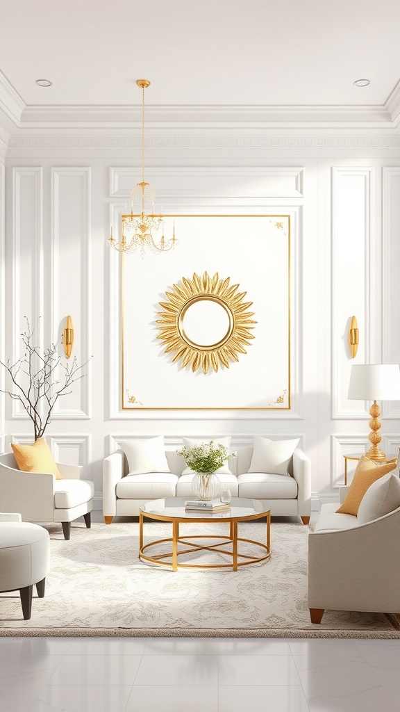 A contemporary living room featuring white walls, gold accents, a sunburst mirror, and neutral-colored furniture.