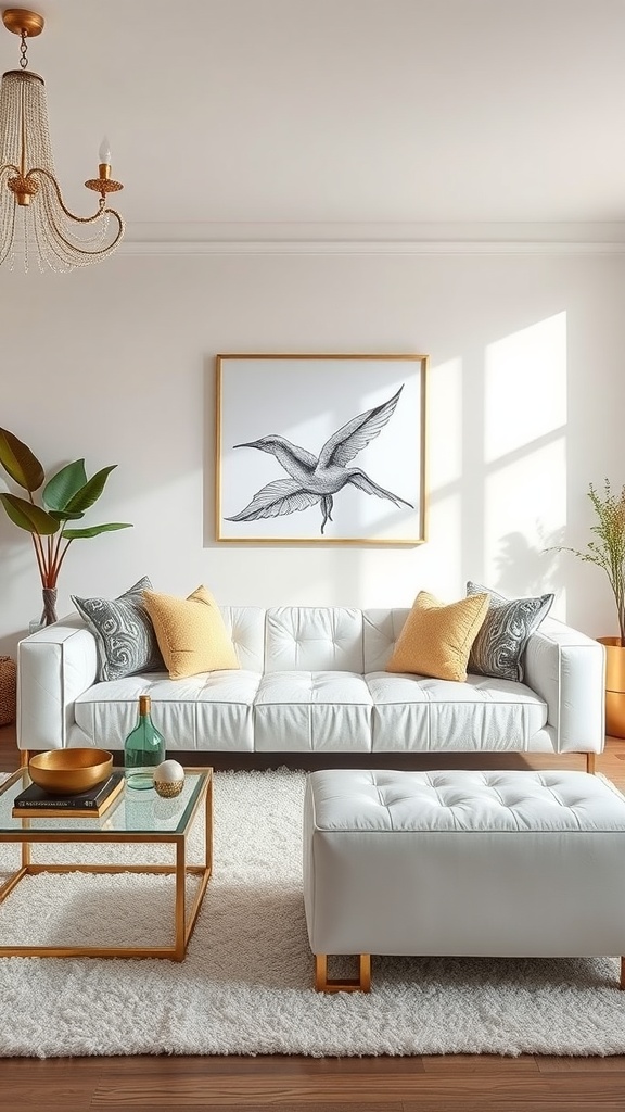 A contemporary living room featuring a white leather sofa with colorful cushions, a glass coffee table with gold accents, and a plush rug.