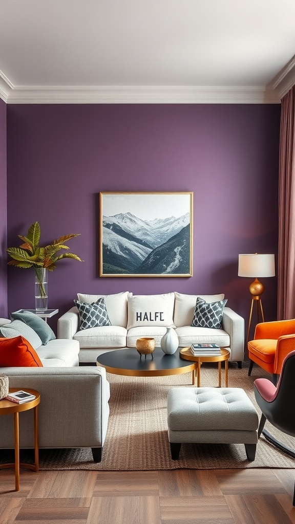 A contemporary living room featuring a purple wall, grey sofa, orange chair, and stylish decor.