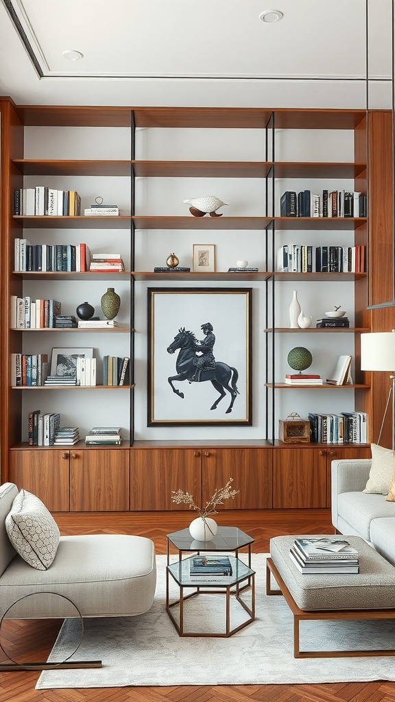 A contemporary living room bookshelf made of glass and wood, featuring books, decorative items, and artwork.