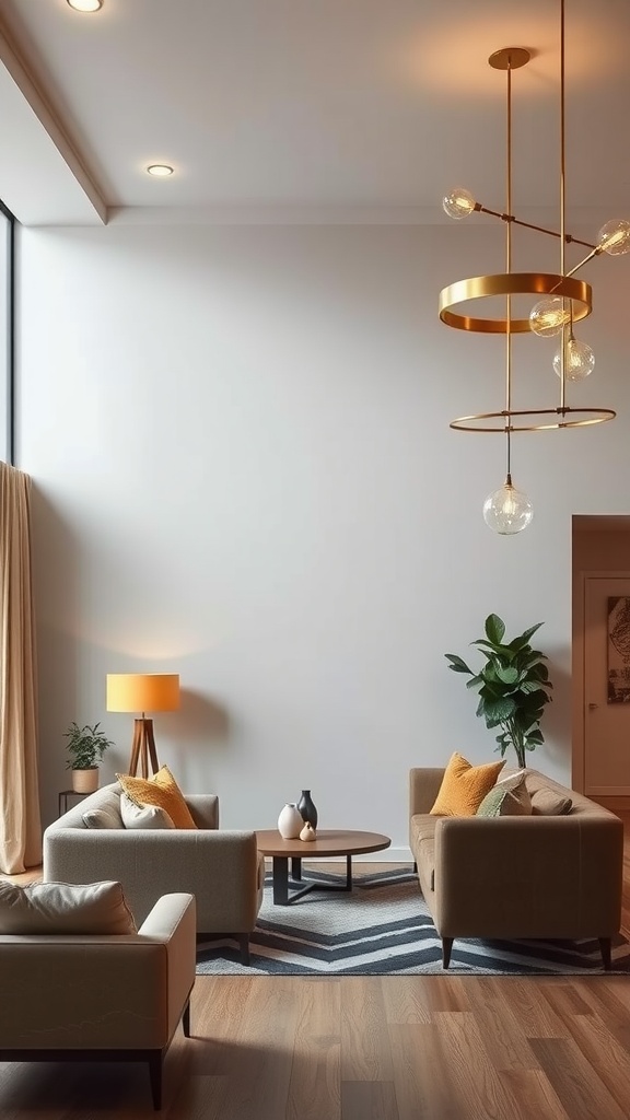 A modern living room featuring contemporary gold lighting fixtures, cozy seating, and a stylish rug.