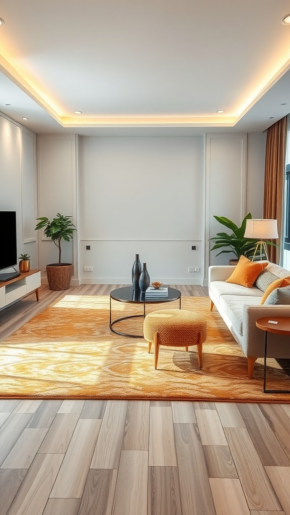 A contemporary living room featuring a gold rug with warm tones, neutral furniture, and wooden flooring.